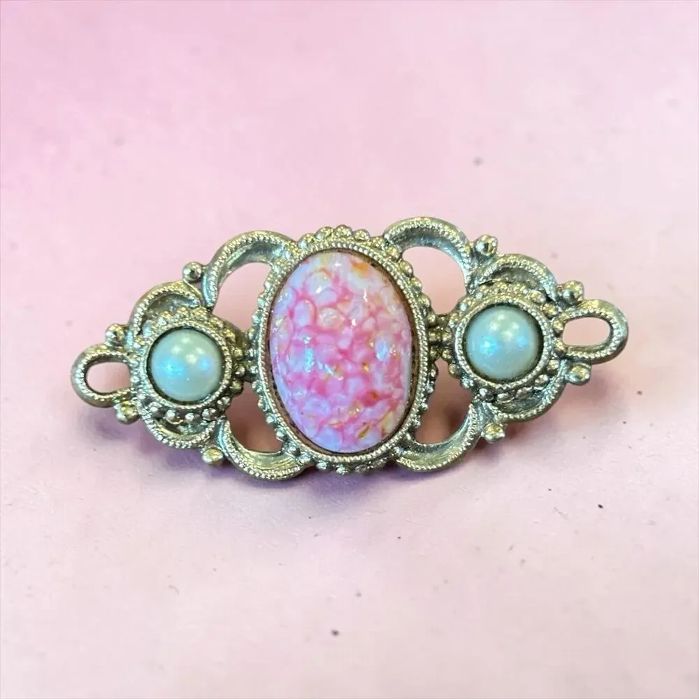 Vintage 1928 Pink Opal Glass Brooch Pearl Cabochon Victorian Revival Pin